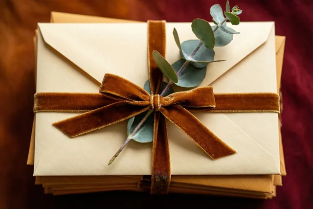 Een stapel crèmekleurige enveloppen is samengebonden met een bruin fluwelen lint en versierd met eucalyptus tegen een dieprode stoffen achtergrond.