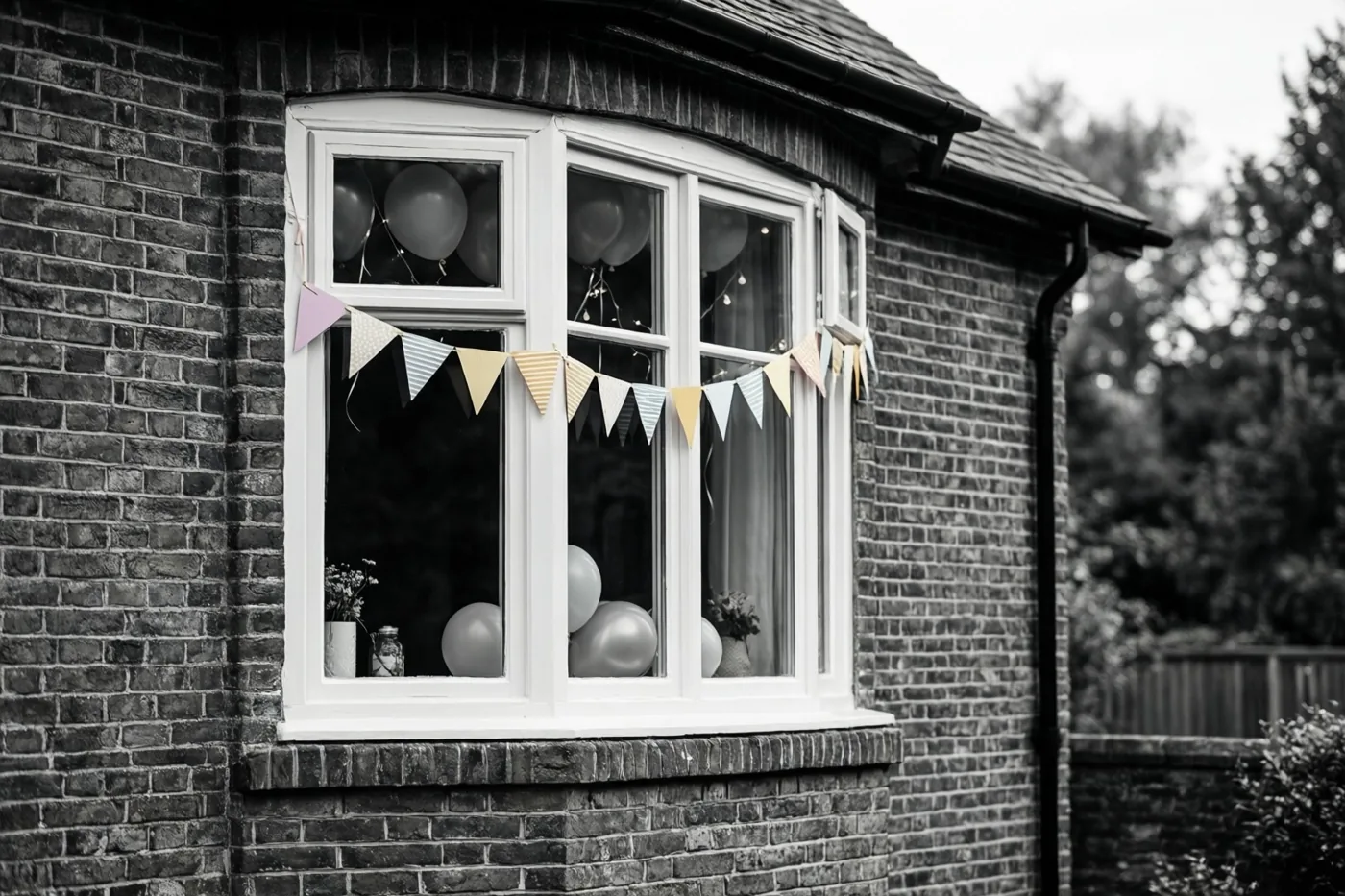 De erker van een bakstenen huis is versierd met een kleurrijke papieren vlaggenlijn, met ballonnen achter het glas.