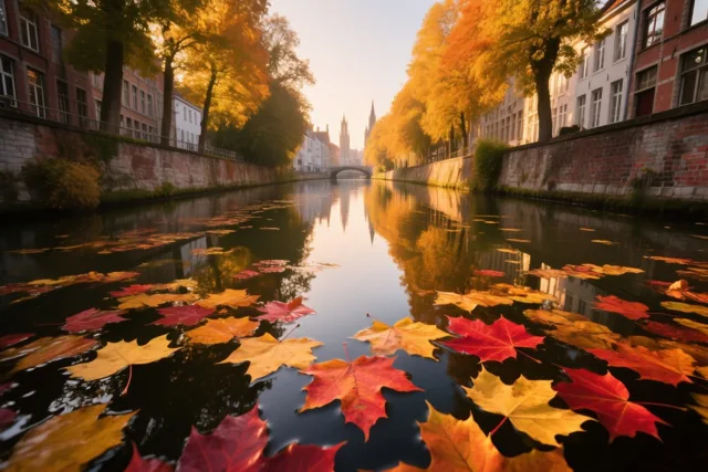 Kleurrijke esdoornbladeren drijven op een kanaal in Gent, langs gebouwen en bomen met herfstkleuren in warm gouden licht.
