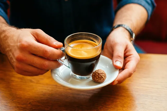 Handen houden een doorzichtig glazen kopje espresso met een goudkleurig cremalaagje vast, op een wit schoteltje met een praline met reliëf op een houten tafel.