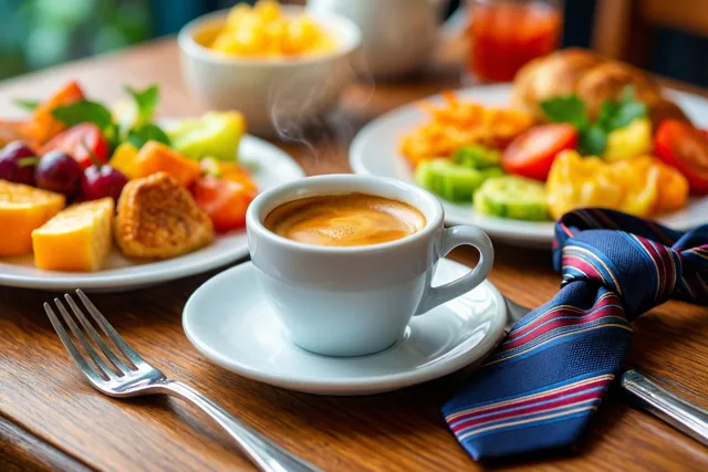 Een dampende espresso in een wit kopje staat op een houten tafel naast een gestreepte das en borden met vers fruit en gebak.