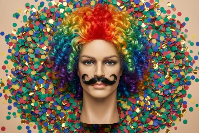 Een etalagehoofd met een kleurrijke krullenpruik en een zwarte nepsnor is omringd door confetti tegen een effen beige achtergrond.
