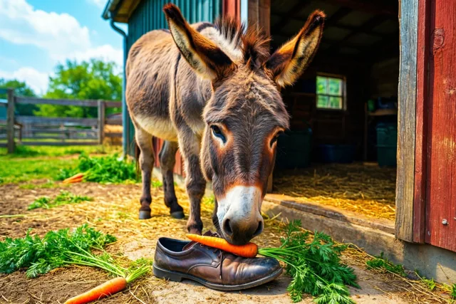 Een ezel besnuffelt een wortel op een bruine leren schoen bij een boerderijdeur, met groen gras en een rode schuur in de zon op de achtergrond.