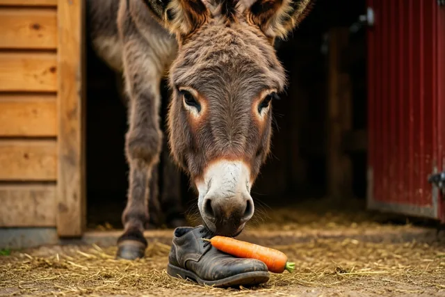 Een ezel kijkt naar een wortel op een zwarte schoen op een met stro bedekte boerderijdrempel, voor een houten en rode schuurdeur.