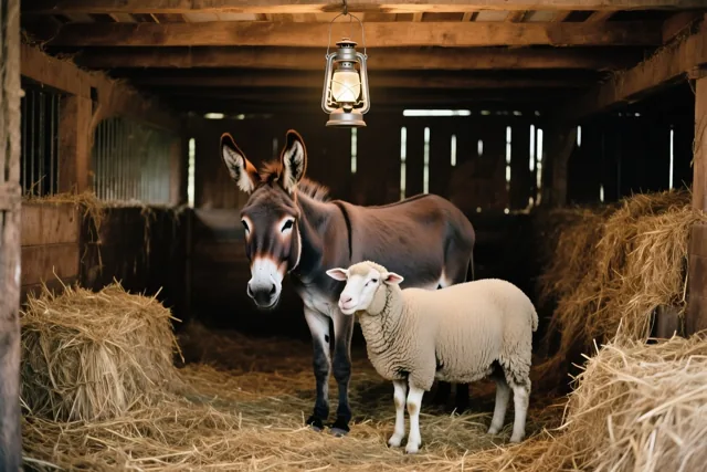 Een ezel en een schaap staan samen tussen het stro in een rustieke stal, verlicht door een hangende lantaarn in warme aardetinten.