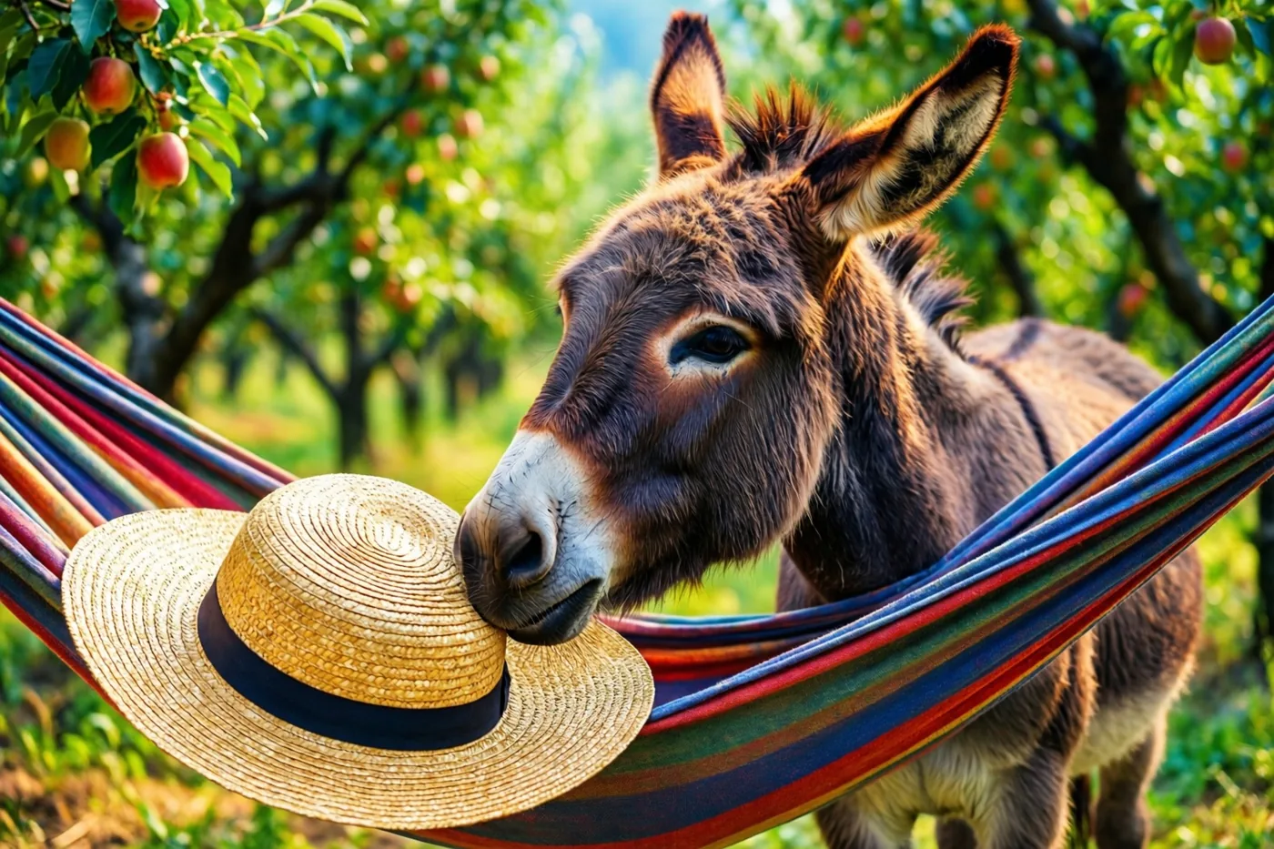Een ezel rust in een kleurrijk gestreepte hangmat en raakt met zijn neus een strohoed met zwarte band aan, in een zonnige appelboomgaard.