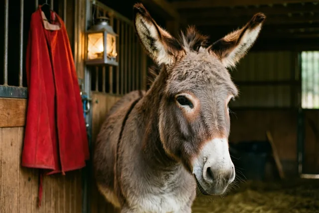 Een ezel kijkt vanuit een stal naar de camera, met een rode mantel aan een houten deur en een brandende lantaarn ernaast.