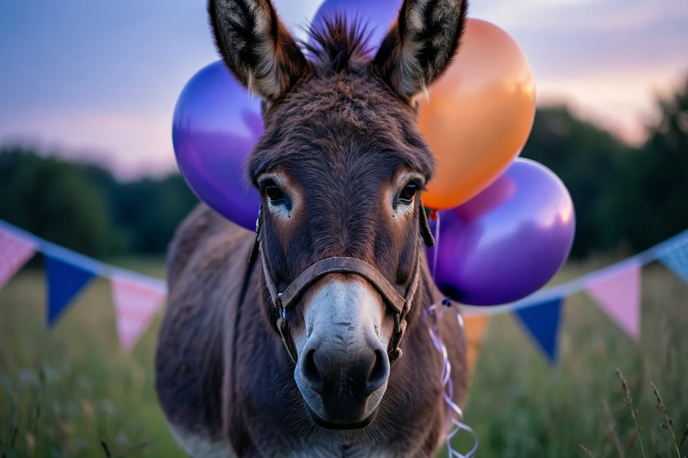 Een ezel met kleurrijke ballonnen aan zijn halster is van dichtbij te zien in een weide bij schemerlicht, met paarse en oranje ballonnen en vlaggetjes op de achtergrond.