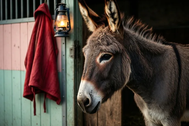 De kop van een ezel is van opzij te zien bij een staldeur waaraan een rode mantel hangt, met een brandende lantaarn ernaast.