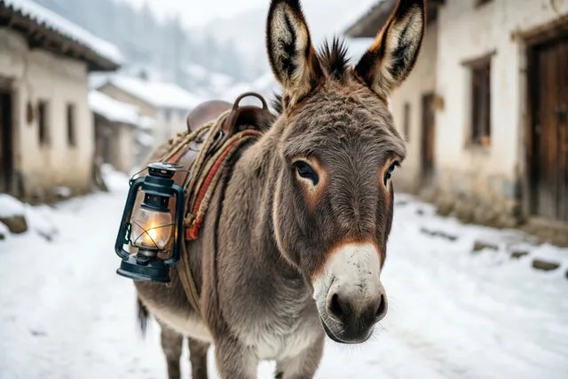Een ezel met een lichtgevende sterlantaarn aan zijn zadel loopt door een besneeuwde dorpsstraat met oude gebouwen.