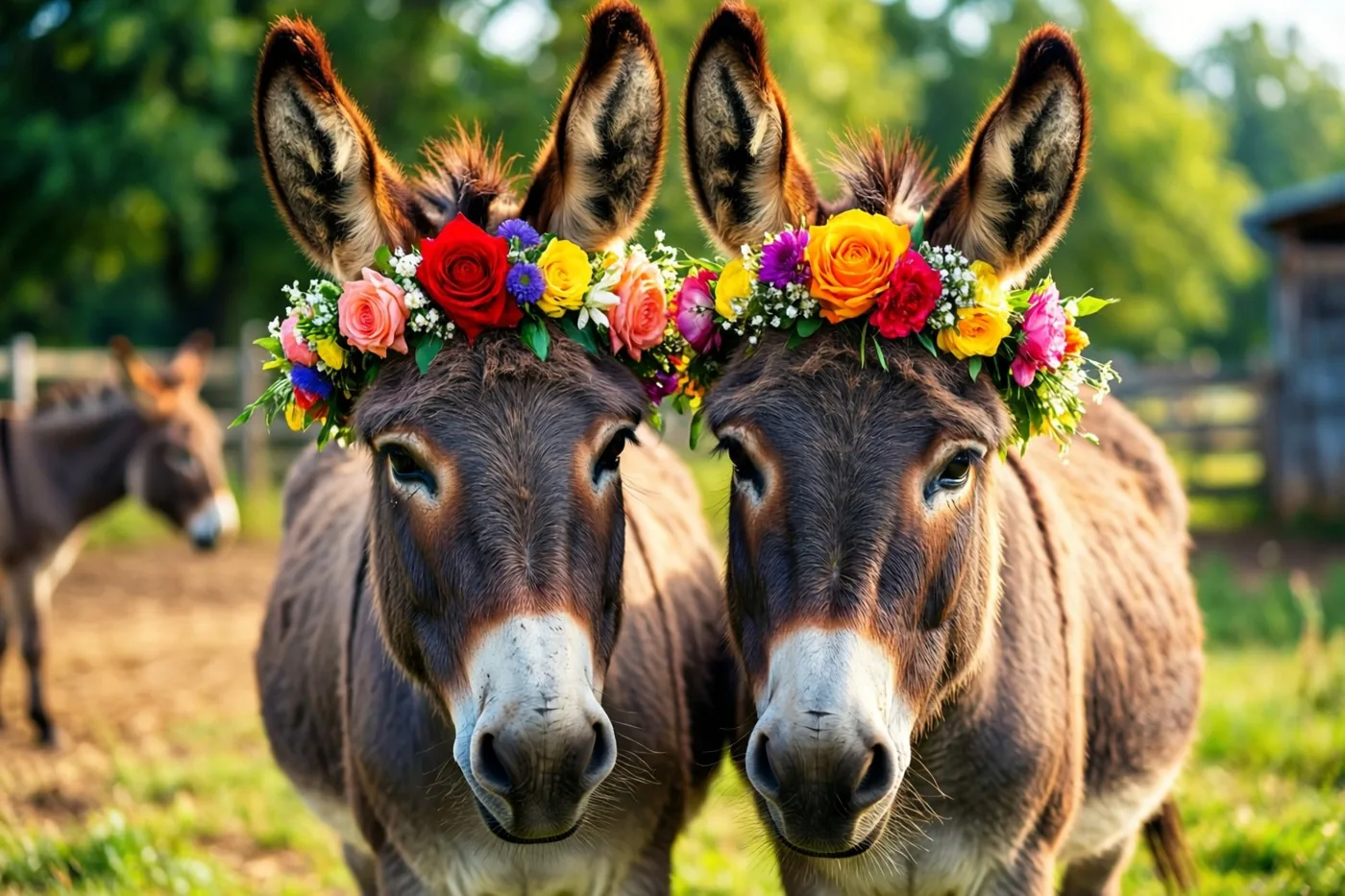Twee ezels met grote oren en bloemenkransen staan dicht bij elkaar op een zonnig boerenerf, met een derde ezel in de onscherpe groene verte.