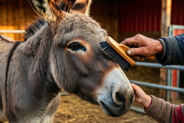 Een volwassen hand en een kleine kinderhand borstelen voorzichtig het gezicht van een grijze ezel bij een boerderijhek, in warm licht en aardetinten.