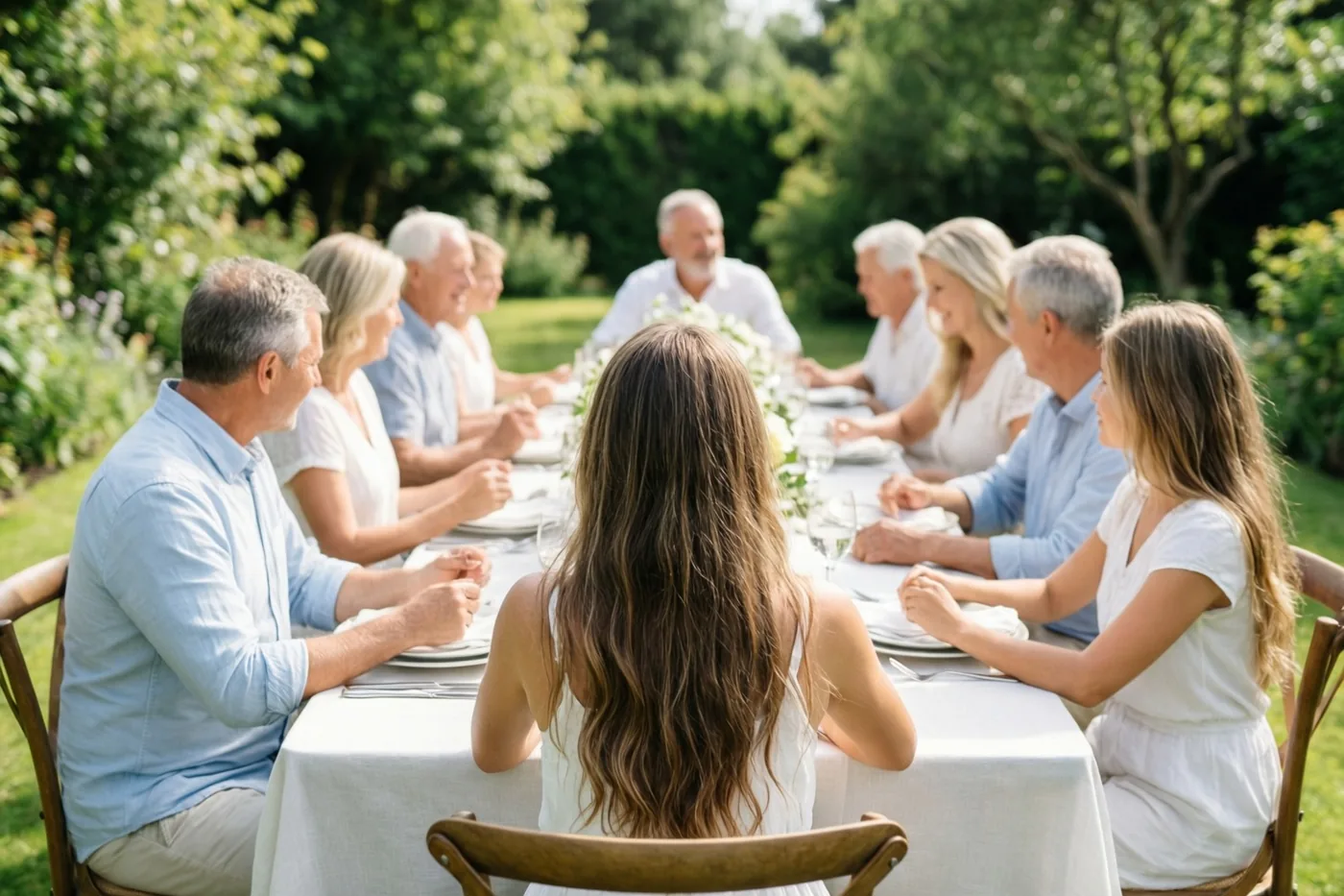 Een familie zit rond een lange tafel met een wit tafelkleed in een zonnige groene tuin, gezien van achter een persoon in het midden.