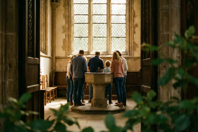 Een familie staat met de rug naar de kijker rond een stenen doopvont in een kerk waar goudkleurig zonlicht door grote glas-in-loodramen valt.