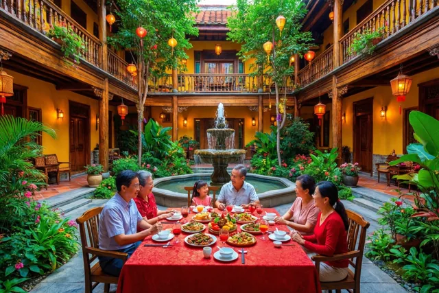 Een familie eet aan een tafel met een rood kleed op een groene binnenplaats met een centrale fontein, hangende lantaarns en houten balkons.