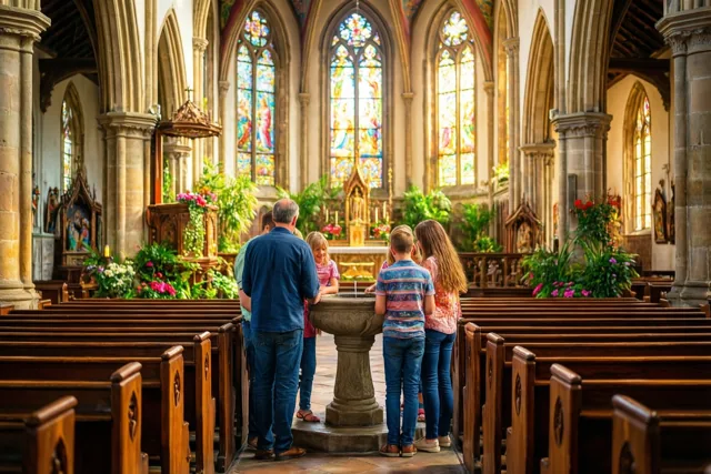 Een familie staat rond een stenen doopvont in een zonnige kerk met gekleurde glas-in-loodramen, bloemen en houten kerkbanken.