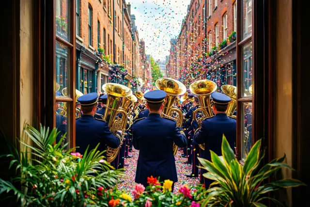Door een raam met groene planten op de voorgrond is een fanfare in blauwe uniformen te zien die door een smalle bakstenen straat marcheert terwijl confetti valt.