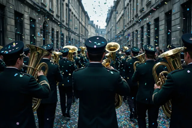 Een fanfare in donkergroene uniformen met gouden koperinstrumenten marcheert van achteren gezien door een smalle straat met grijze stenen gebouwen en vallende confetti.