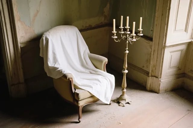 Een oude fauteuil met een wit laken erover staat bij een hoge kandelaar in een stoffige kamer van een verlaten landhuis, met beige, gebroken witte en vaalgroene tinten.