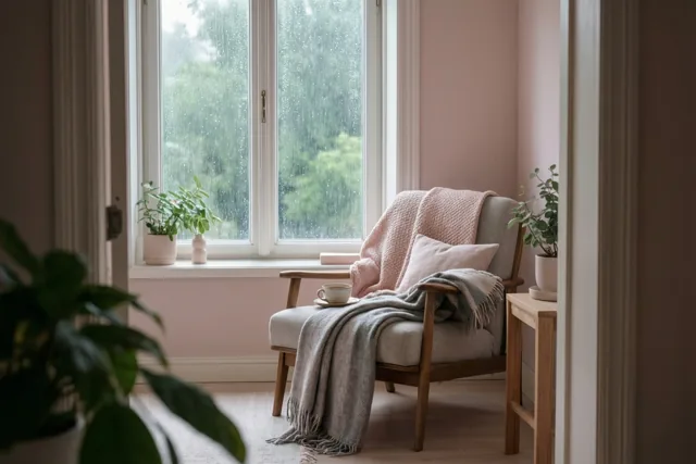 Een fauteuil met dekens en een kop thee op de zitting staat naast een regenraam in een zacht verlichte kamer met roze muren en houten meubels.