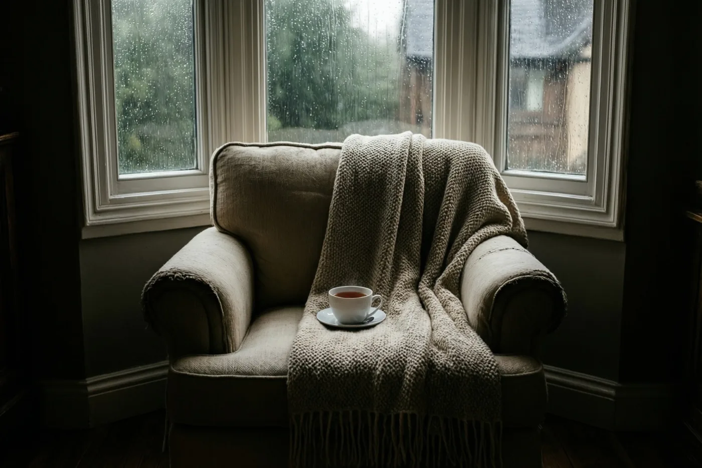 Een beige fauteuil met een gebreide deken en een wit theekopje op een schoteltje staat naast een raam met regendruppels.