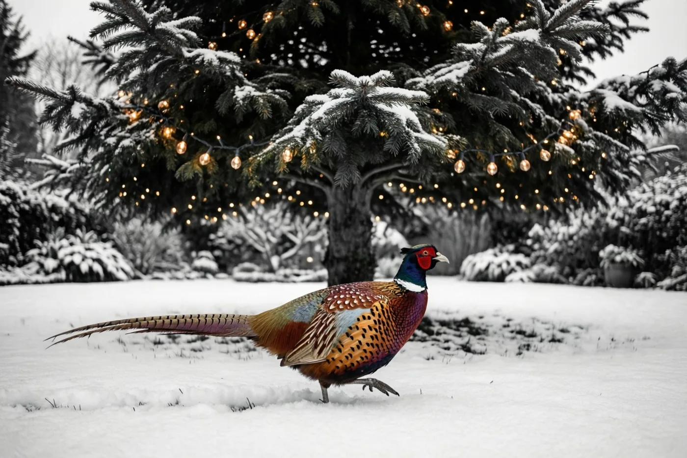 Een kleurrijke fazant loopt door de sneeuw in een tuin voor een dennenboom met warme kerstlichtjes.