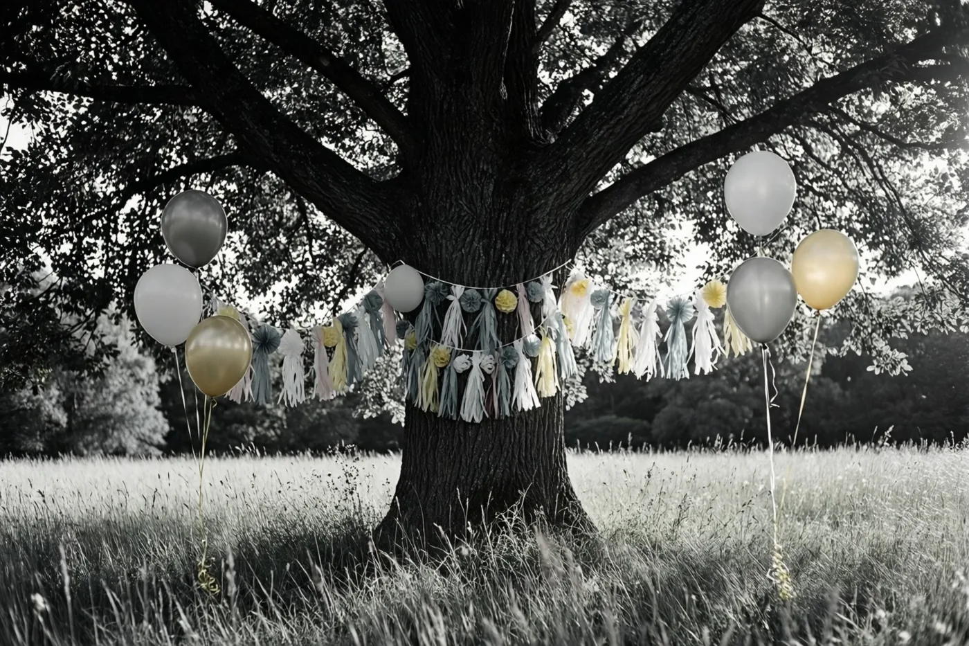 Een grote boom in een grasweide is versierd met ballonnen en papieren slingers, waarbij de versieringen kleuraccenten vormen in een beeld met gedempte tinten.
