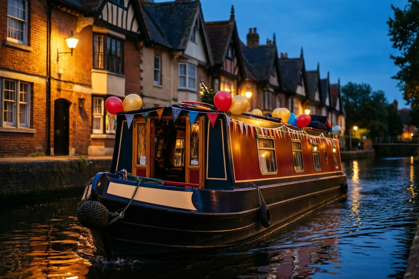 Een smalle boot met kleurrijke ballonnen en vlaggetjes vaart bij schemering langs huizen met trapgevels en warm verlichte ramen aan een kanaal.