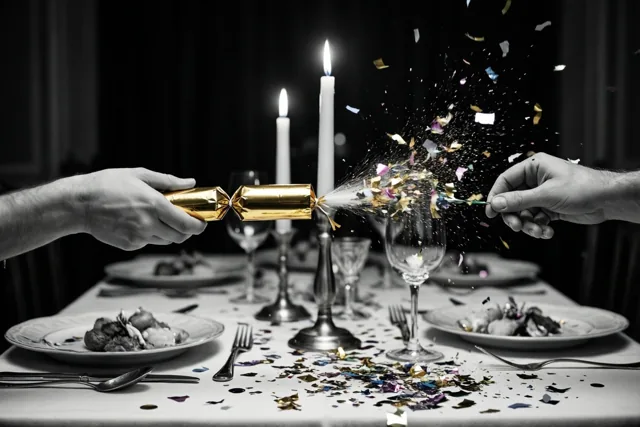 Twee handen trekken aan een gouden feestcracker waar confetti uit springt, boven een wit tafelkleed met borden, bestek en brandende kaarsen.