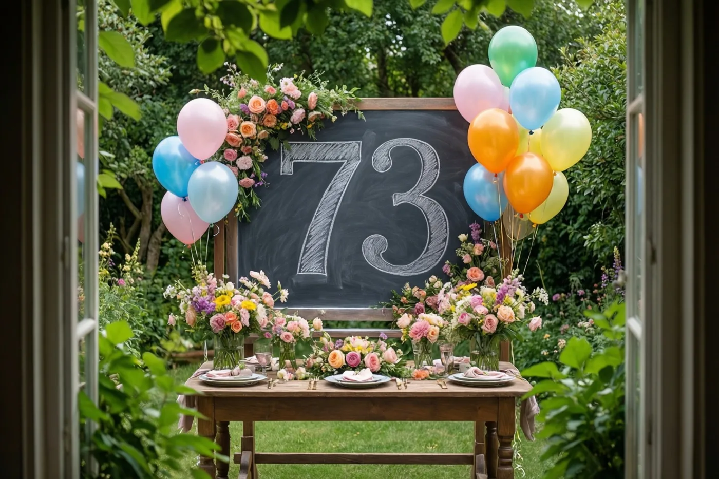 Door een open deur is een gedekte tuintafel te zien met een krijtbord met 73, kleurrijke ballonnen en bloemstukken in een groene tuin.
