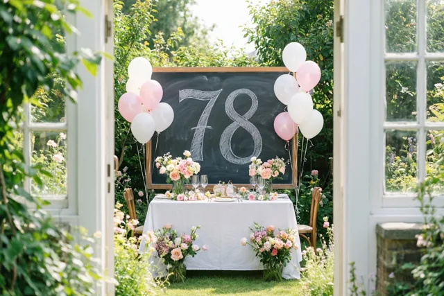 Door een open deuropening is een feestelijk gedekte tuintafel te zien met een krijtbord met 78, roze en witte ballonnen en bloemstukken in de zon.