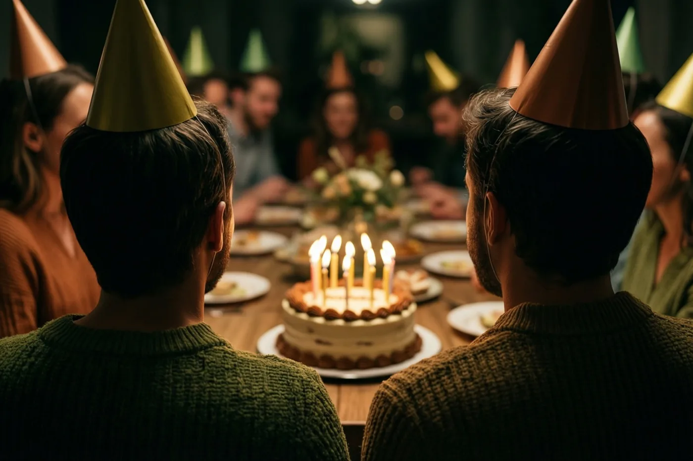 Gasten met papieren feesthoedjes zitten aan een lange houten tafel en kijken naar een verjaardagstaart met brandende kaarsjes in warm goudbruin licht.
