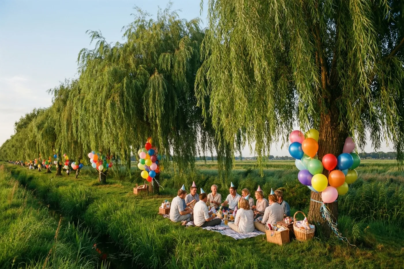Een groep mensen met feesthoedjes picknickt onder een rij knotwilgen met kleurrijke ballonnen, in een groene polder onder een blauwe hemel.