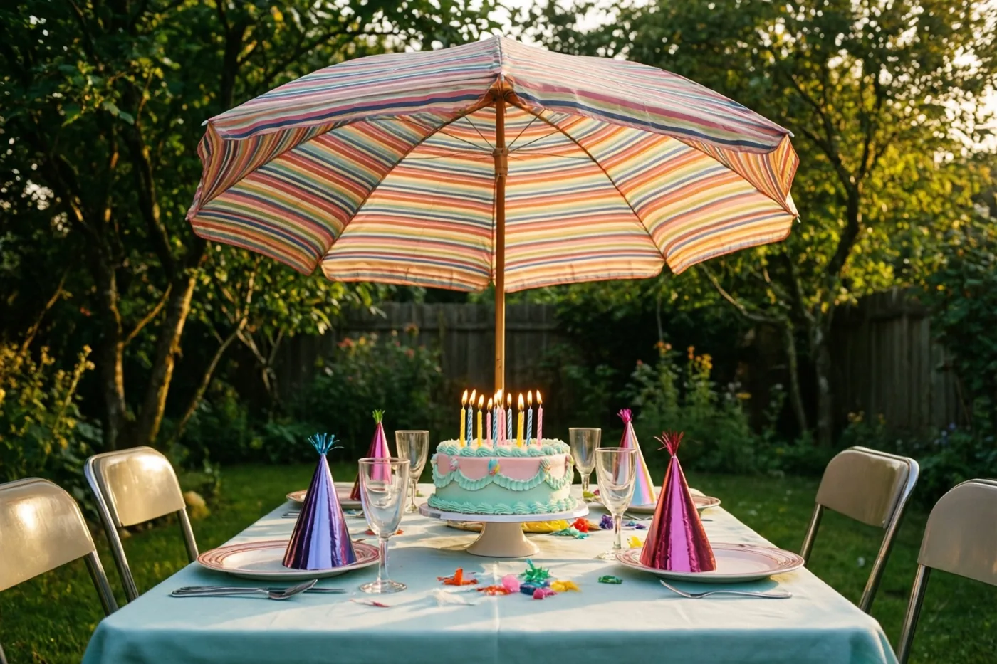Een tuintafel onder een grote gestreepte parasol is gedekt met een pastelkleurige taart met brandende kaarsjes en een kleurrijk papieren feesthoedje op elk bord, in goudkleurig zonlicht tussen de bomen.
