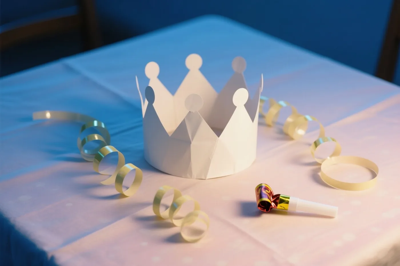 Een papieren feestkroon, krulslingers en een roltong liggen op een pastelkleurig tafelkleed tegen een blauwe achtergrond.
