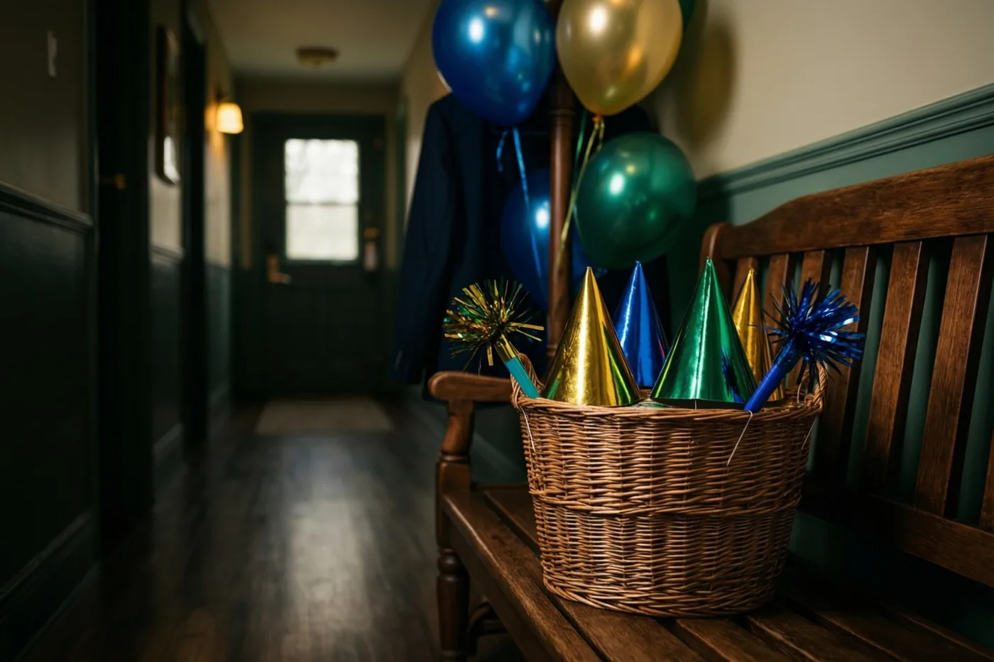 Een rieten mand met kleurrijke papieren feesthoedjes en roltongen staat op een houten bank in een schemerige gang, met blauwe, groene en gouden ballonnen aan een kapstok.