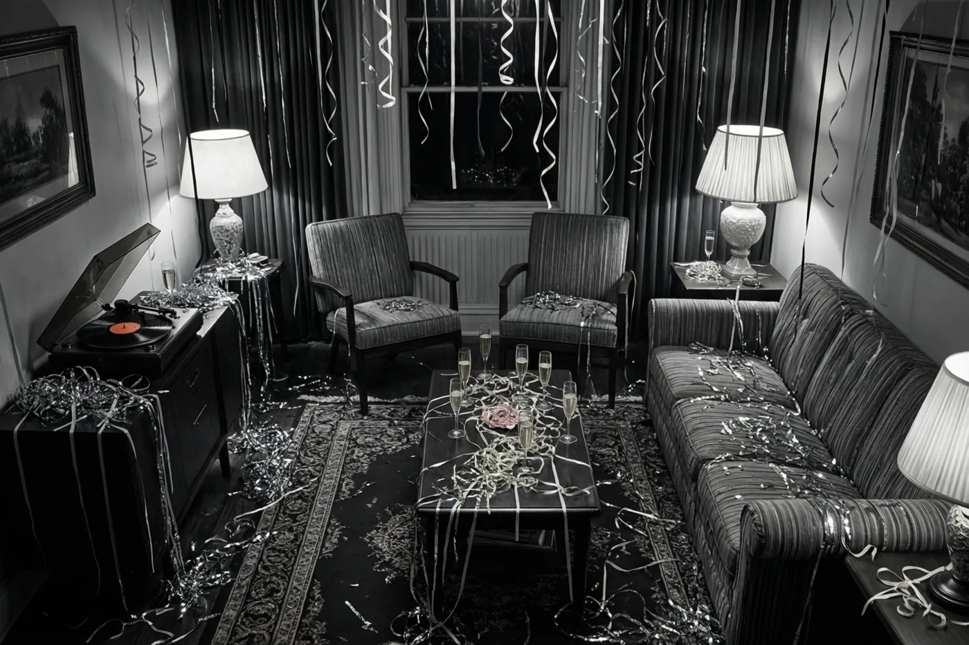 Een zwart-witfoto toont een jarenvijftigwoonkamer met slingers, champagnecoupes, een platenspeler en verspreide feestresten.
