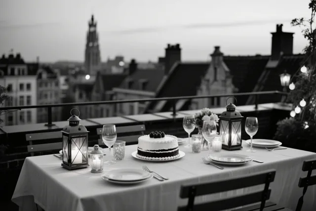 Een zwart-witfoto toont een feesttafel met een taart, lantaarns en glazen op een dakterras, met stadsgebouwen en een opvallende toren op de achtergrond.
