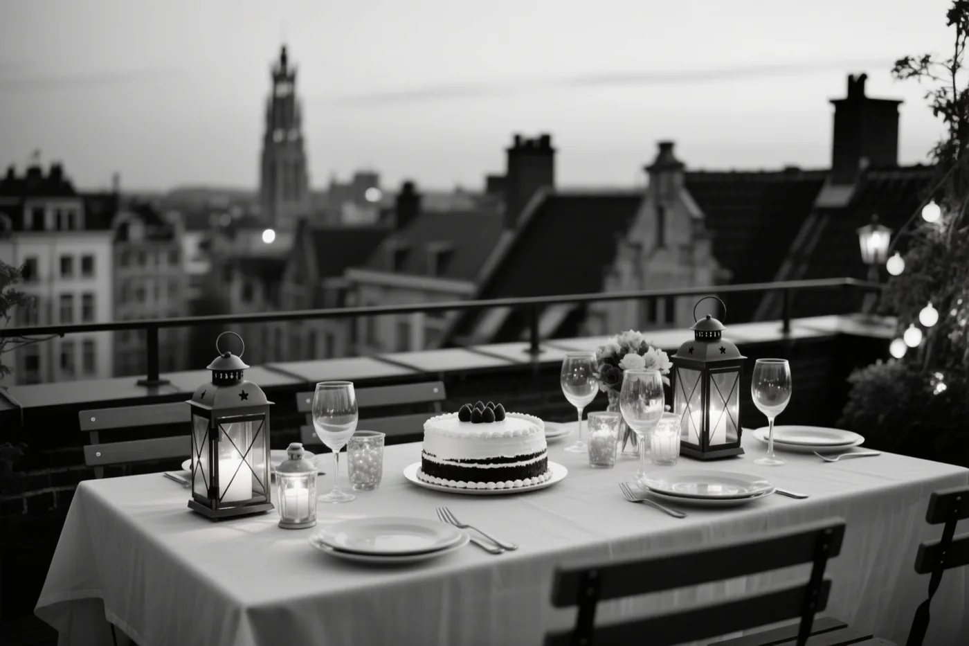 Een zwart-witfoto toont een feesttafel met een taart, lantaarns en glazen op een dakterras, met stadsgebouwen en een opvallende toren op de achtergrond.