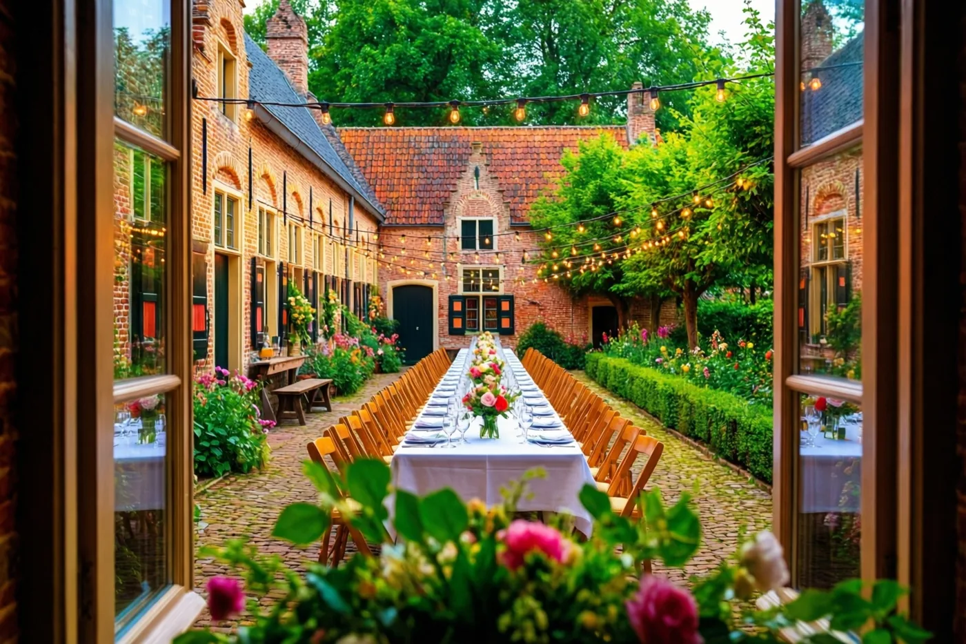Door een open raam is een lange trouwtafel met kleurrijke bloemstukken te zien op een binnenplaats tussen bakstenen gebouwen en veel groen, verlicht door lichtslingers.