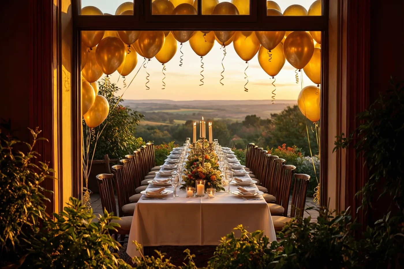 Door een raam met donkere houten kozijnen is een lange tafel met wit linnen, kaarslicht en gouden ballonnen te zien, met groen en een zonsondergang eromheen.
