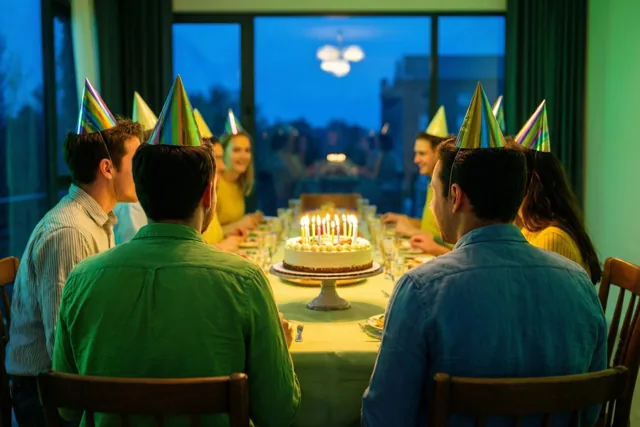 Mensen met papieren feesthoedjes zitten bij een taart met brandende kaarsjes aan een lange tafel in een blauw verlichte kamer met een groot raam.