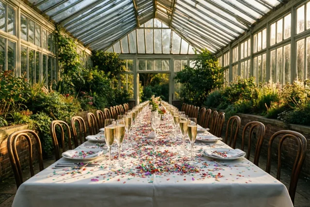 Een lange tafel met een wit kleed, kleurrijke confetti, champagnefluiten en borden staat in een veranda vol groen waar goudkleurig zonlicht door het glazen dak en de wanden valt.