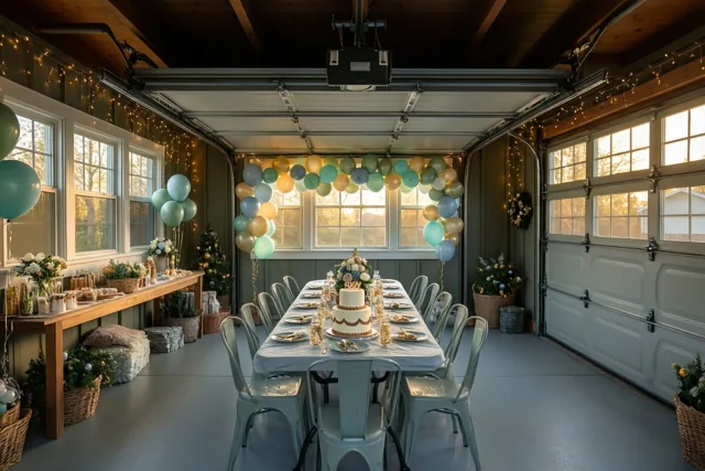 Een lange gedekte feesttafel staat in een garage met ballonnenslingers en lichtslingers in blauwgroene, gouden en witte tinten.