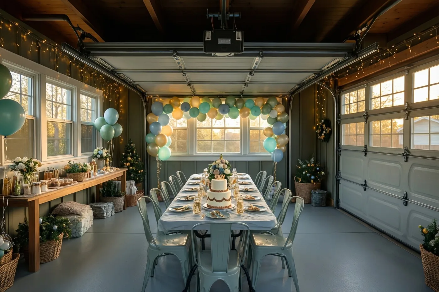 Een lange gedekte feesttafel staat in een garage met ballonnenslingers en lichtslingers in blauwgroene, gouden en witte tinten.