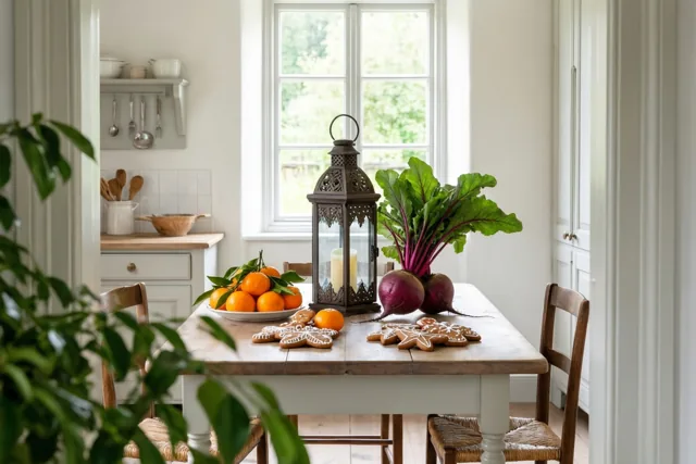 Een houten tafel in een lichte boerenkeuken met witte muren draagt een bord mandarijnen, gemberkoekjes en een sierlantaarn met een biet, met een raam en hangend keukengerei op de achtergrond.