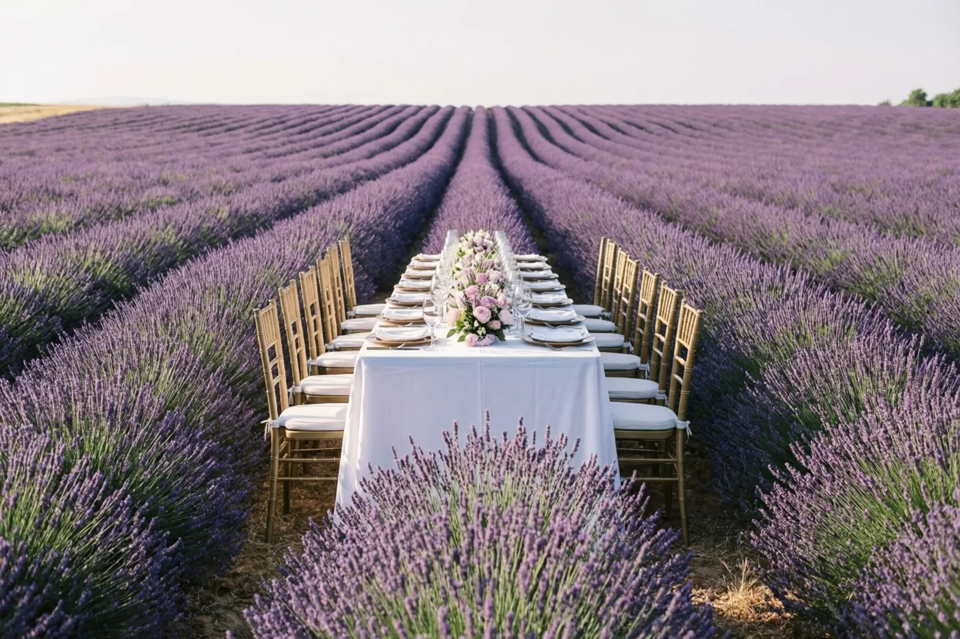 Een lange trouwtafel met wit tafellinnen en bloemstukken staat midden in een uitgestrekt lavendelveld bij zacht daglicht.