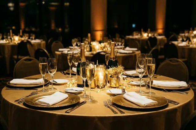Een ronde restauranttafel is gedekt met borden met gouden randen, witte servetten en gevulde champagneglazen onder gedempt gouden licht en feestversiering.