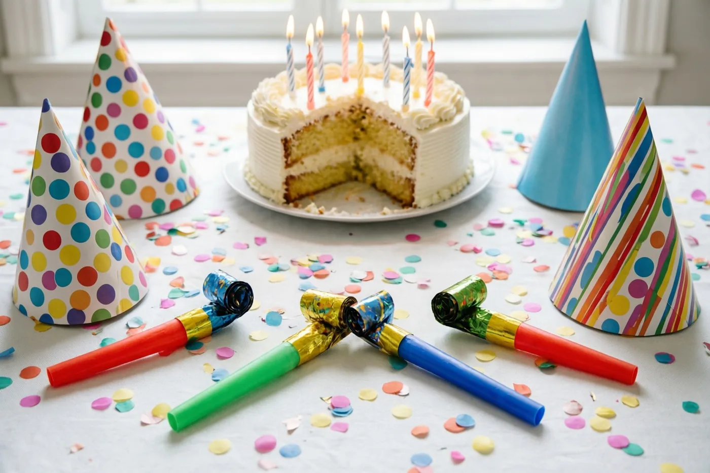 Een tafel ligt vol kleurrijke confetti, roltongen en verkreukelde papieren hoedjes, met een half opgegeten taart met brandende kaarsjes op de achtergrond.