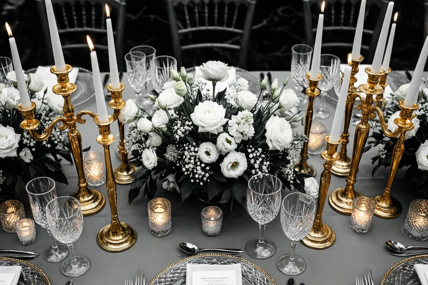Een feestelijk gedekte tafel met een grijs tafelkleed draagt gouden kandelaars met brandende witte kaarsen, witte bloemstukken en kristallen glazen.